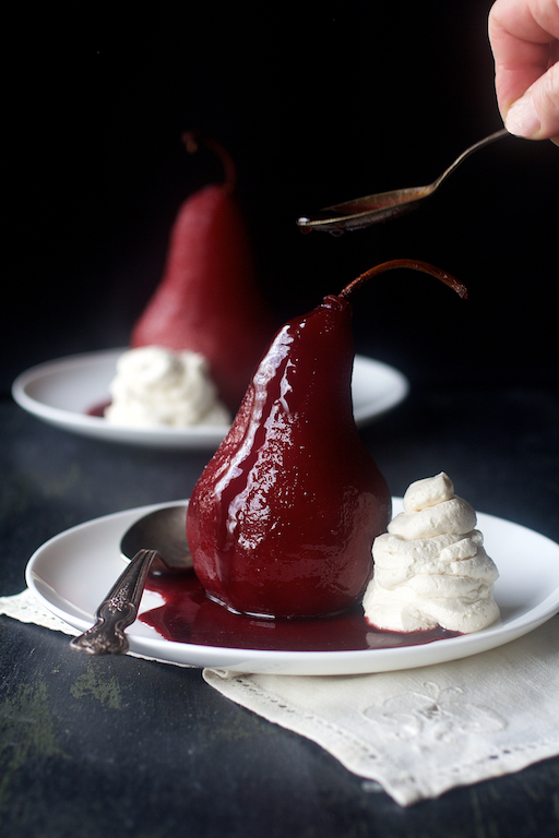 Spiced Red Wine-Poached Pears with Vanilla Mascarpone Whipped Cream