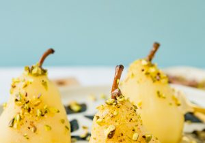 Boozy Poached Pears with Honey and Pistachios Recipe