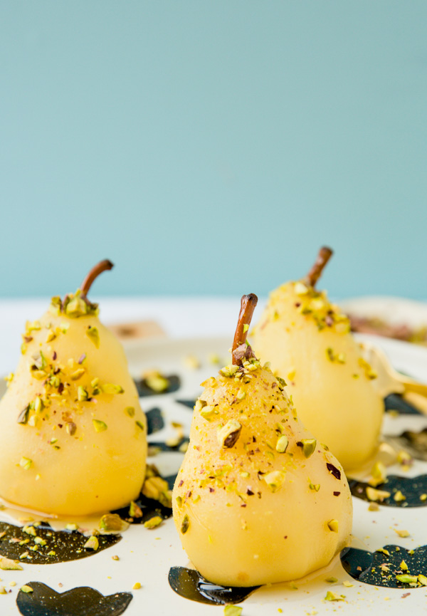 Boozy Poached Pears with Honey and Pistachios Recipe