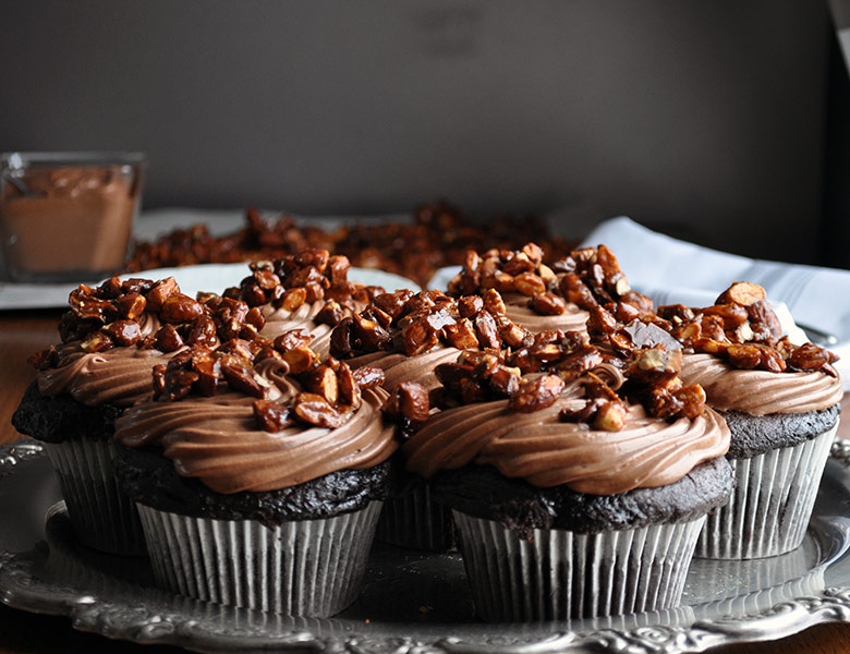 Chocolate Cupcakes with Amaretto Cream & Almond Pralines